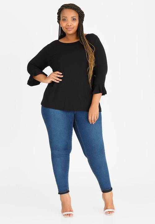 edit Plus - 3/4 Sleeve Frill T-Shirt Black