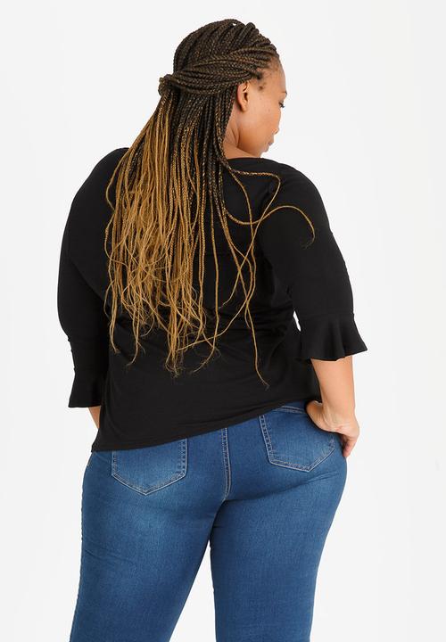 edit Plus - 3/4 Sleeve Frill T-Shirt Black