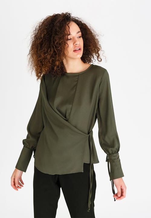 edit - Long-sleeve Wrap-over Blouse Khaki Green