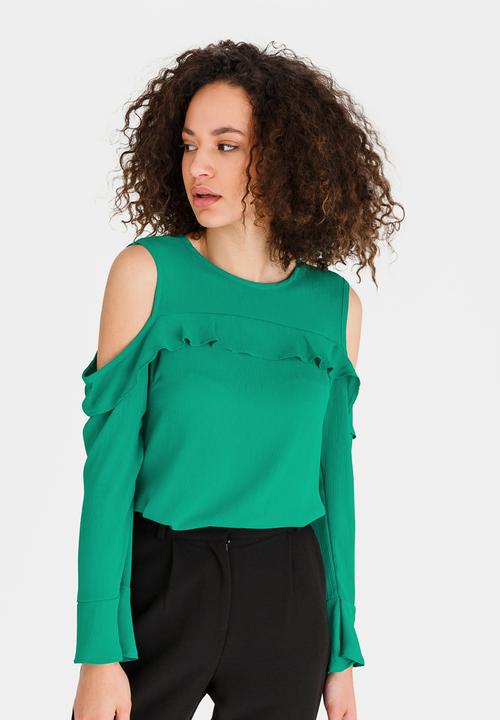 edit - Cold-shoulder Ruffle Blouse Green
