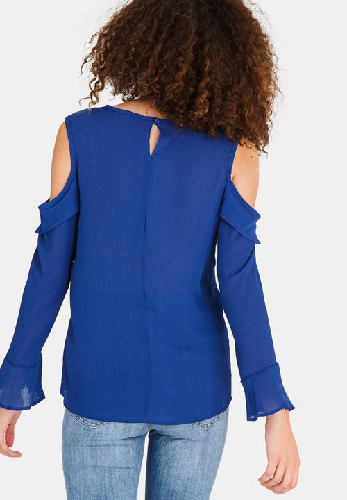 edit - Cold-shoulder Ruffle Blouse Blue