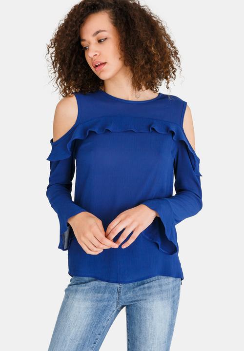 edit - Cold-shoulder Ruffle Blouse Blue