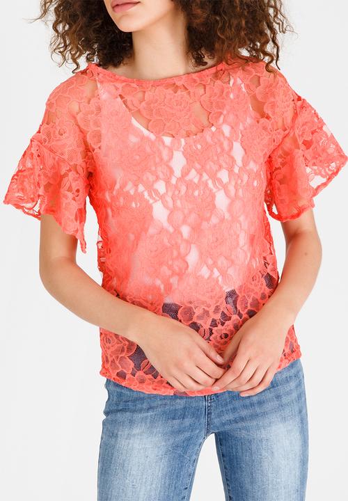 edit - Boxy Shape Bell Sleeve Lace Top Coral