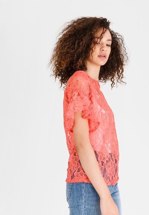 edit - Boxy Shape Bell Sleeve Lace Top Coral