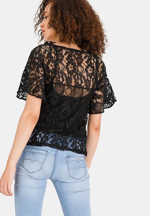 edit - Boxy Shape Bell Sleeve Lace Top Black