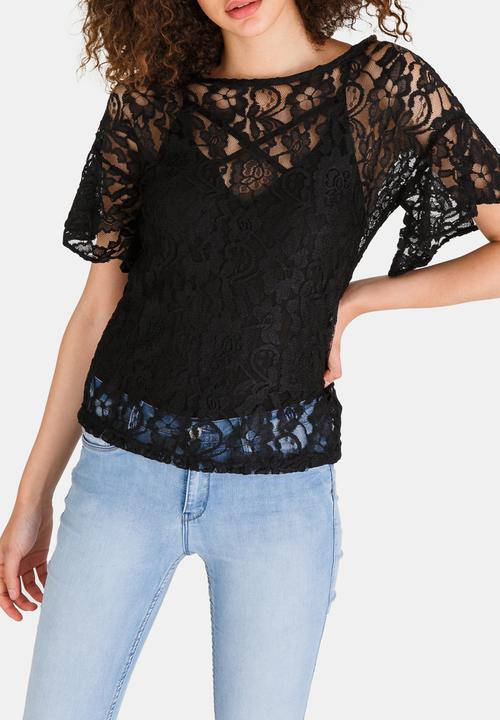 edit - Boxy Shape Bell Sleeve Lace Top Black