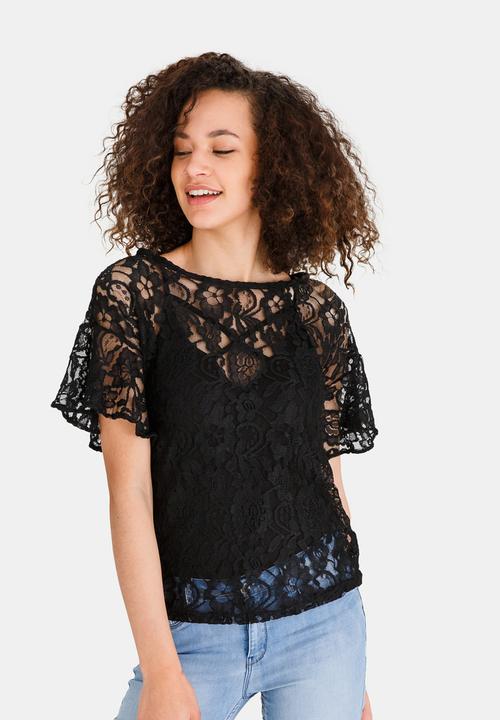 edit - Boxy Shape Bell Sleeve Lace Top Black