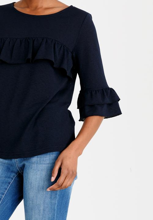 Vero Moda - Krista Short Sleeve Frill Detail Top Navy