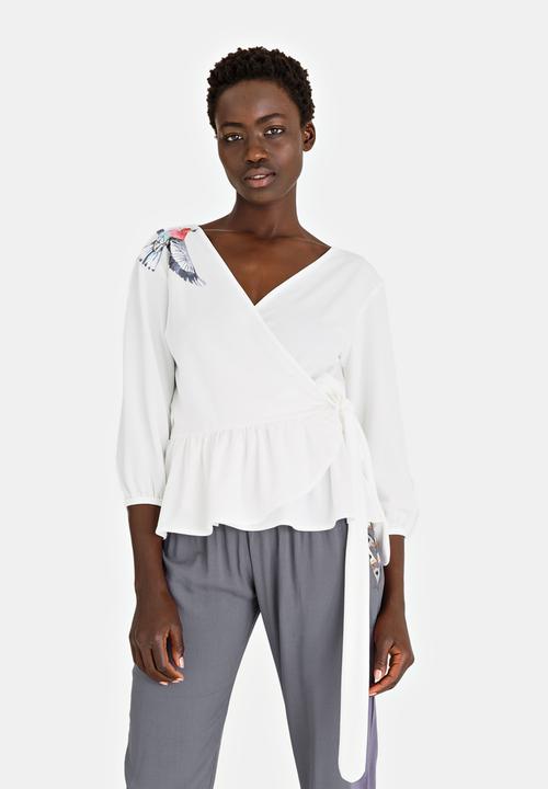 African Style Story - Wrap Blouse with Bird Applique White