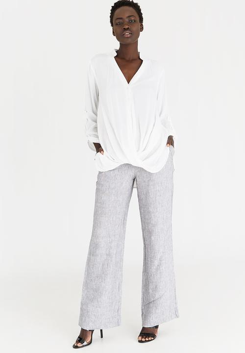 G Couture - Mockwrap Draped Blouse with Button Down White