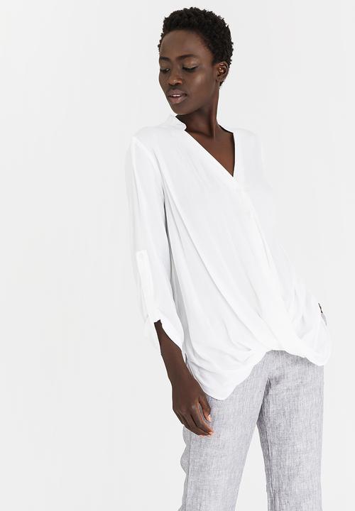 G Couture - Mockwrap Draped Blouse with Button Down White