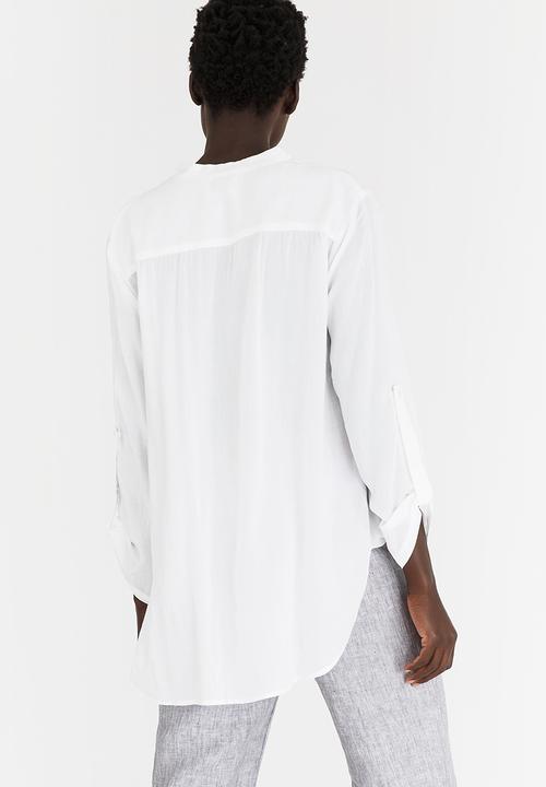 G Couture - Mockwrap Draped Blouse with Button Down White