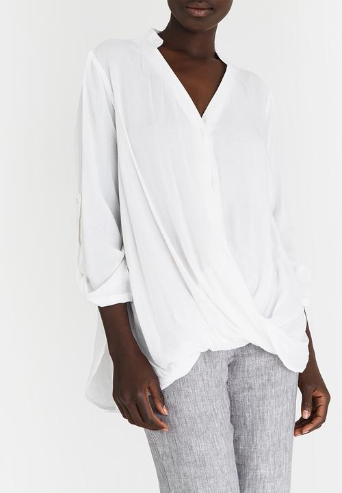 G Couture - Mockwrap Draped Blouse with Button Down White