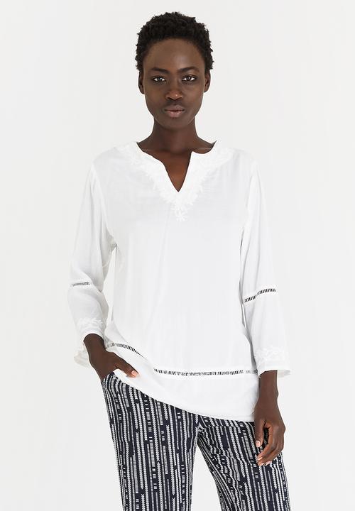 G Couture - Notchneck Blouse with Embroidery and Ladder Lace D White