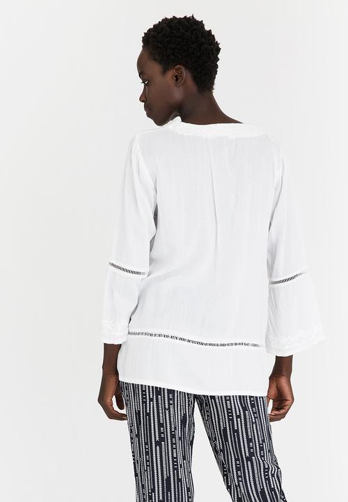 G Couture - Notchneck Blouse with Embroidery and Ladder Lace D White