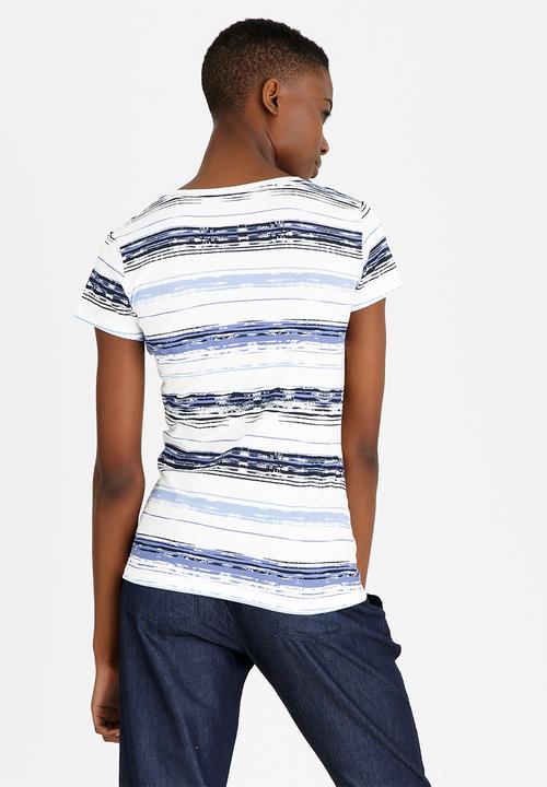 JEEP - Printed Stripe V-neck Tee Blue and White