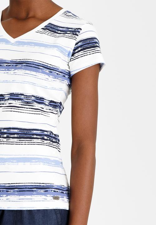 JEEP - Printed Stripe V-neck Tee Blue and White