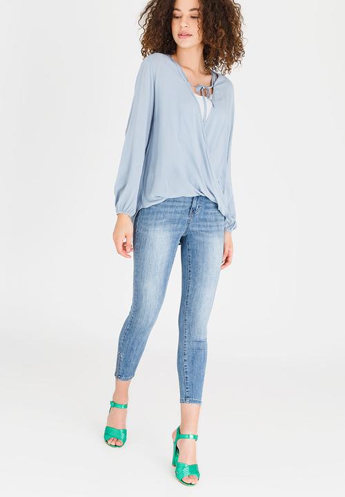 edit - Wrap Over Blouse with Front Detail Pale Blue