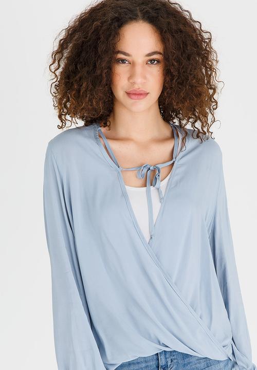 edit - Wrap Over Blouse with Front Detail Pale Blue