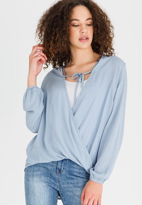 edit - Wrap Over Blouse with Front Detail Pale Blue
