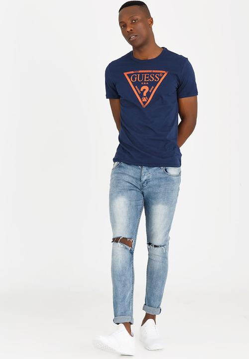 GUESS - Basic Liner Logo Crew Tee Navy