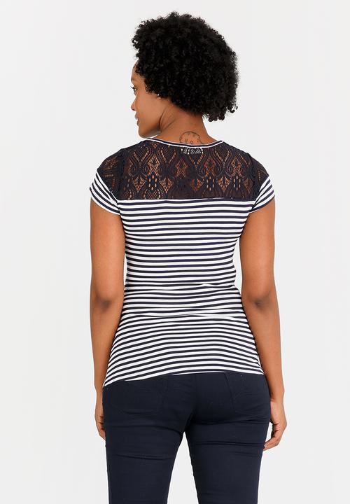 edit Maternity - Lace Inset Stripe T-shirt Navy & White