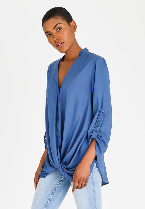 G Couture - Mockwrap Drapped Blouse with Button Down Blue