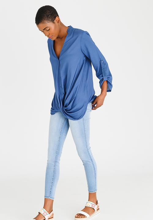 G Couture - Mockwrap Drapped Blouse with Button Down Blue