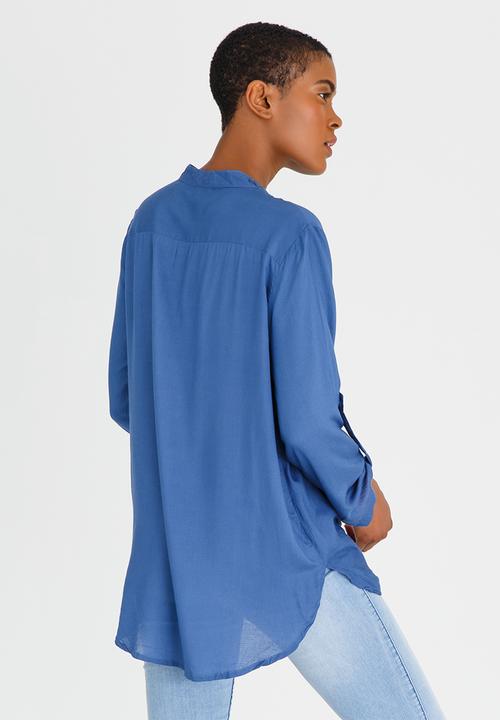 G Couture - Mockwrap Drapped Blouse with Button Down Blue