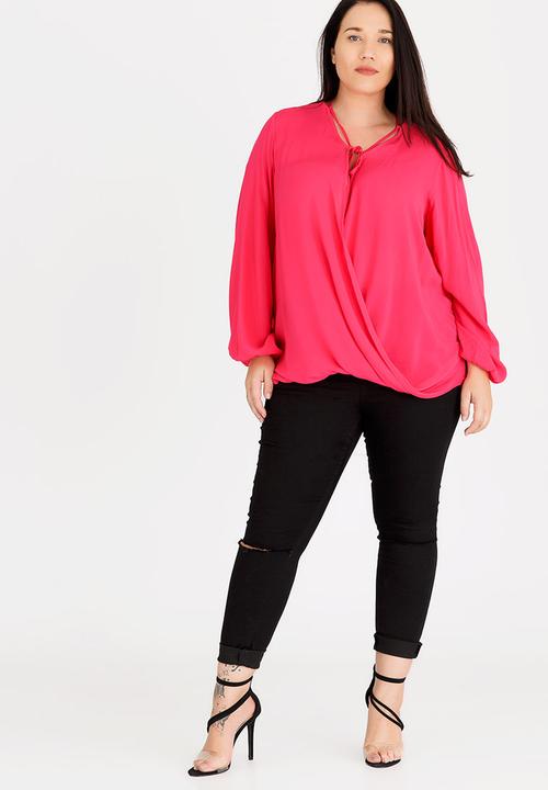 edit Plus - Wrap Over Blouse with Front Detail Cerise Pink