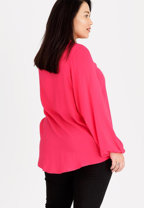 edit Plus - Wrap Over Blouse with Front Detail Cerise Pink