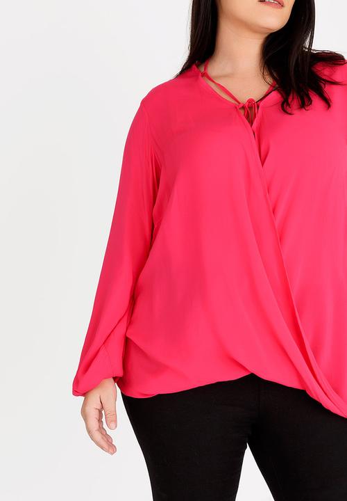 edit Plus - Wrap Over Blouse with Front Detail Cerise Pink
