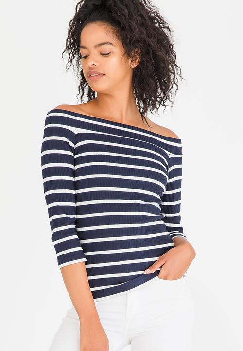 Pieces - Sisa Off-the-shoulder Top Navy & White