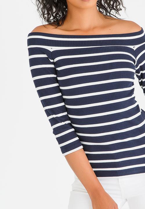 Pieces - Sisa Off-the-shoulder Top Navy & White