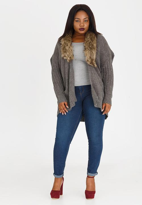 Brave Soul - For Me Faux Fur Collar Cardigan Charcoal