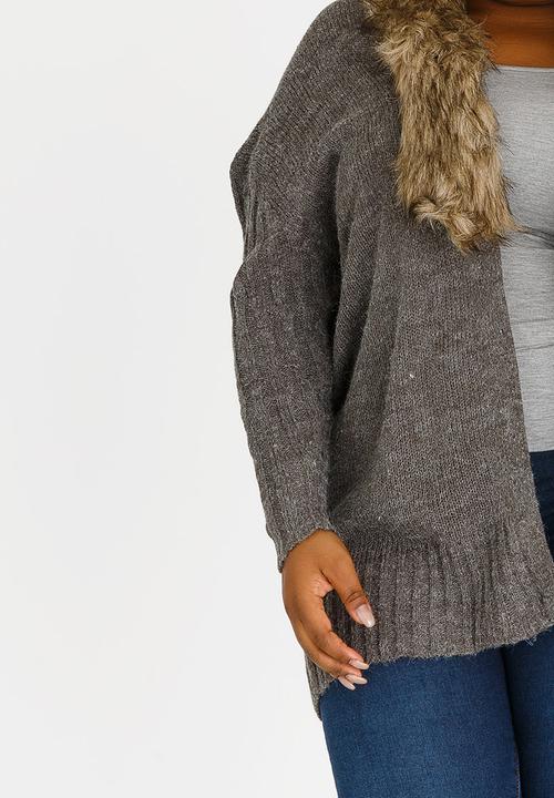 Brave Soul - For Me Faux Fur Collar Cardigan Charcoal