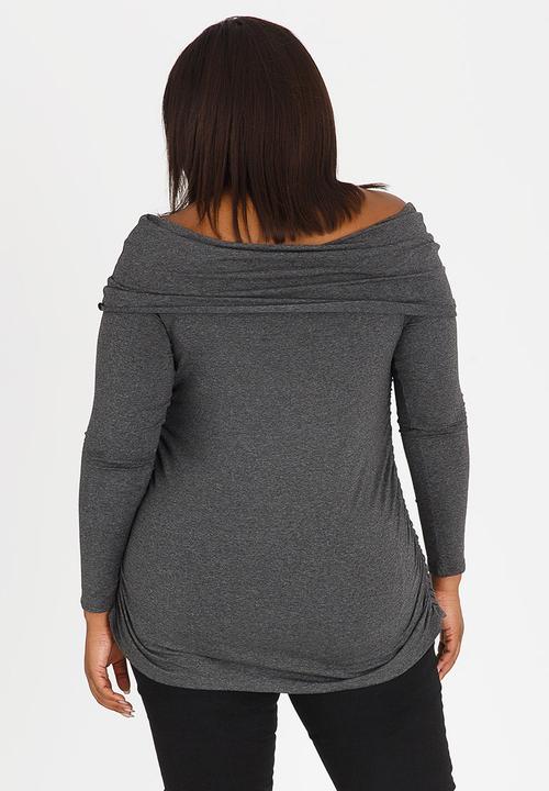 STYLE REPUBLIC PLUS - Bardot Tee with Side Ruched Detail Grey Melange