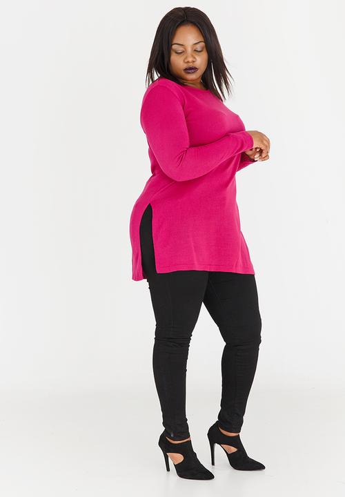 edit Plus - Long Length Knit with Side Slits Cerise Pink