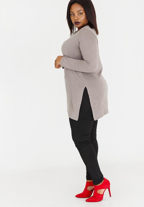edit Plus - Long Length Knit with Side Slits Grey Melange