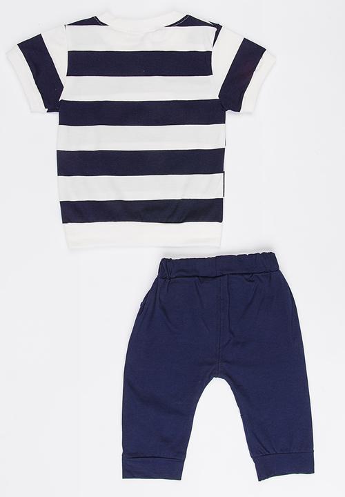 Pop Candy - Stripe Printed Tee & Pants Set Navy