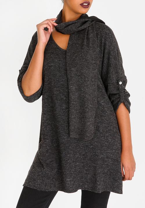 G Couture - Oversized Top with Neck-tie Grey
