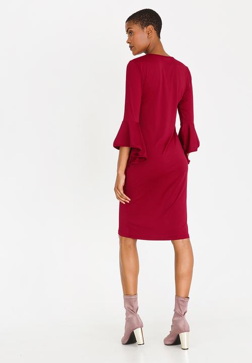 edit - Shift Dress with Frill Sleeves Dark Red