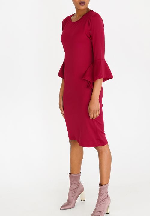 edit - Shift Dress with Frill Sleeves Dark Red
