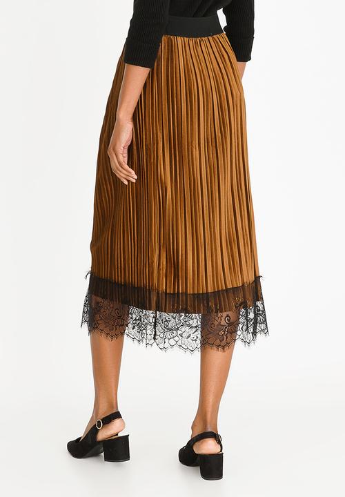 edit - Lace Trim Velour Skirt Mid Brown