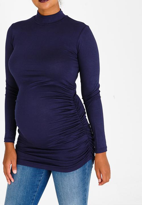 edit Maternity - Turtle Neck Top with Side Gauge Navy