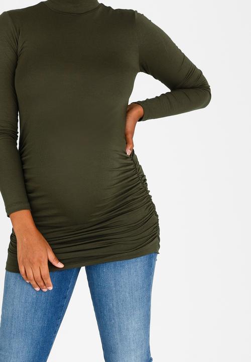 edit Maternity - Turtle Neck Top with Side Gauge Khaki Green