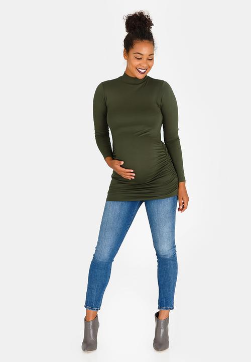 edit Maternity - Turtle Neck Top with Side Gauge Khaki Green