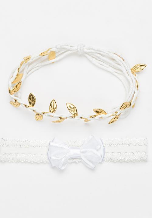 Jewels and Lace - Plaited Leaf and Bow Headband 2 Pack White