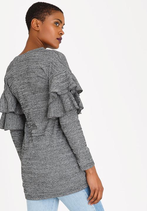 Revenge - Ruffle Sleeve Top Dark Grey