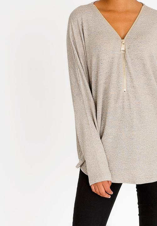 Revenge - Zip Front Long Sleeve Top Stone